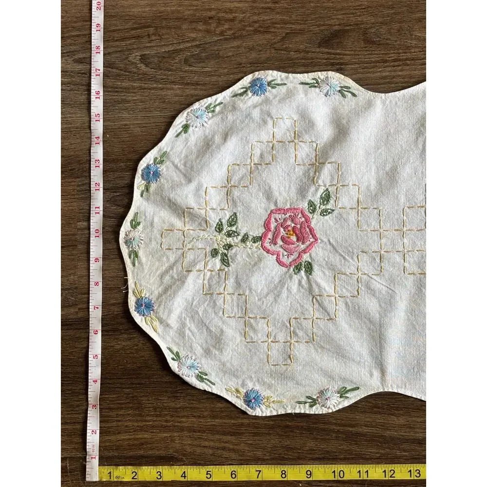 Antique Floral Embroidery Table Runner 16x39 White Cotton Rainbow Boho Scalloped